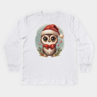 cute little baby owl wearing a santa hat Kids Long Sleeve T-Shirt